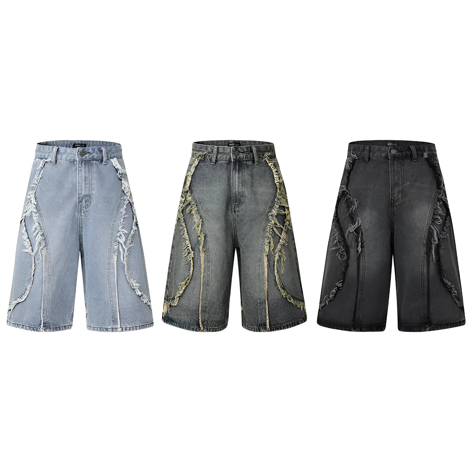 American Pu Shuai black distressed denim shorts with raw edge hem, straight leg, on a plain background.