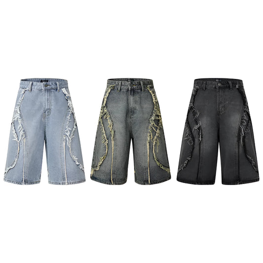 American Pu Shuai black distressed denim shorts with raw edge hem, straight leg, on a plain background.