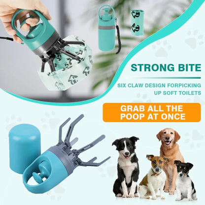 Blue portable claw-style dog pooper scooper with a roll of disposable bags for outdoor pet waste clean-up.