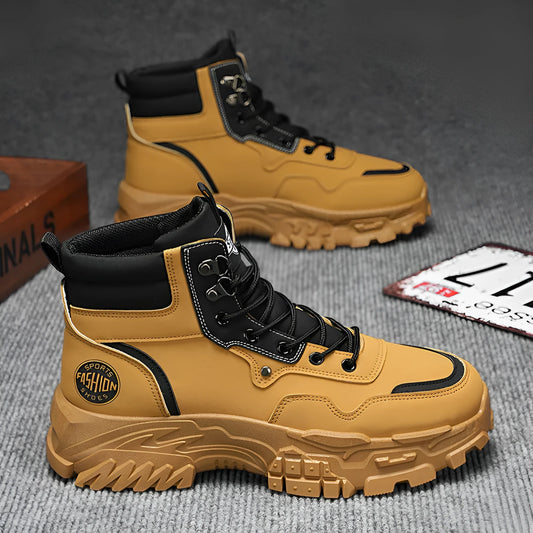 Men's mid-calf Martin boot in yellow with an artificial PU upper and injection-moulded sole.
