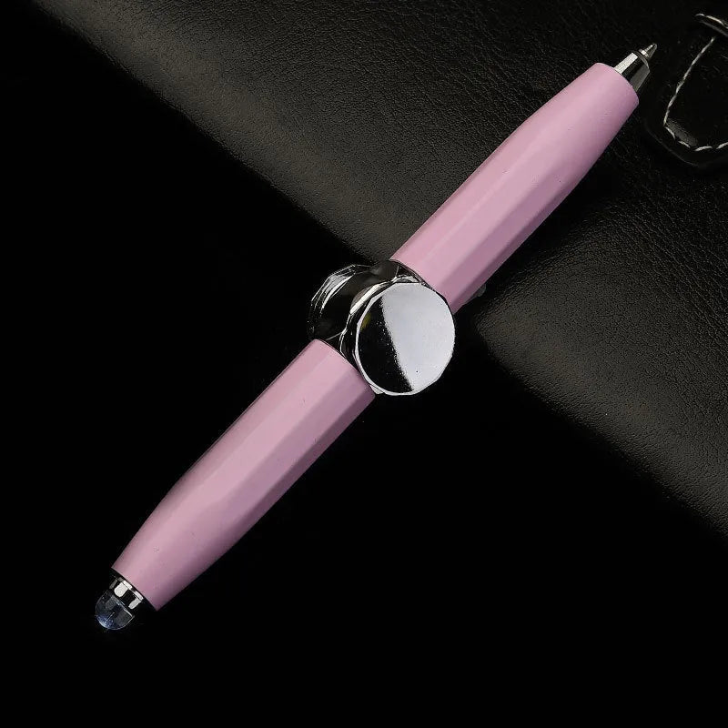 Creative multi-function metal pen with LED light and fingertip gyro spinner for writing and fidgeting.