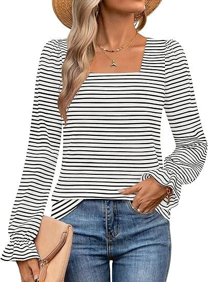 Stylish long-sleeve base layer with striped square collar in white, black, and navy blue colors