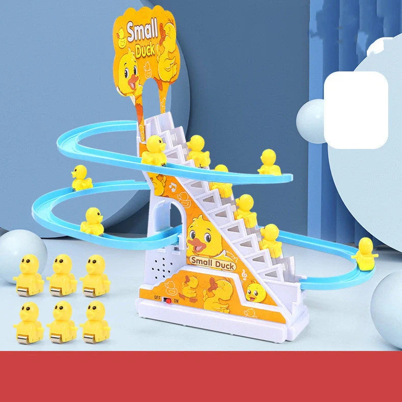 Little Duck Climbing Stairs Toy showing three yellow ducks on rotating slide with colourful LED lights