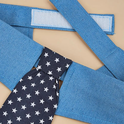Blue denim dog collar with white star pattern, styled as an adjustable bow tie for formal pet wear.