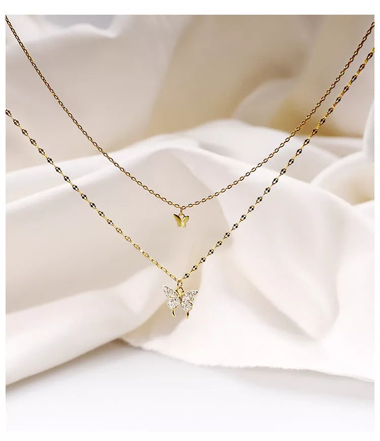 Gold plated double butterfly necklace for women with adjustable length