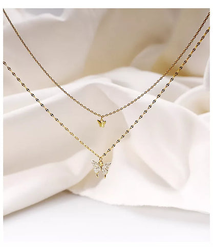 Gold plated double butterfly necklace for women with adjustable length