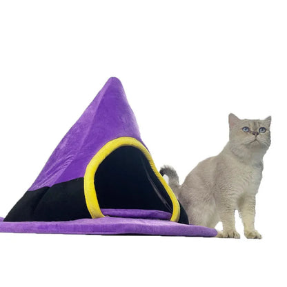 Purple witch hat-shaped cat nest measuring 60x45cm, made of soft cloth for pet comfort