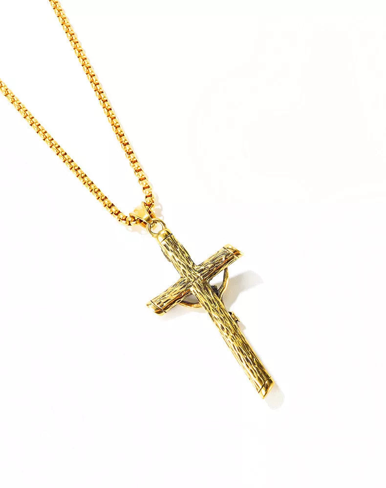 Mens adjustable titanium steel Jesus cross pendant necklace with pearl chain