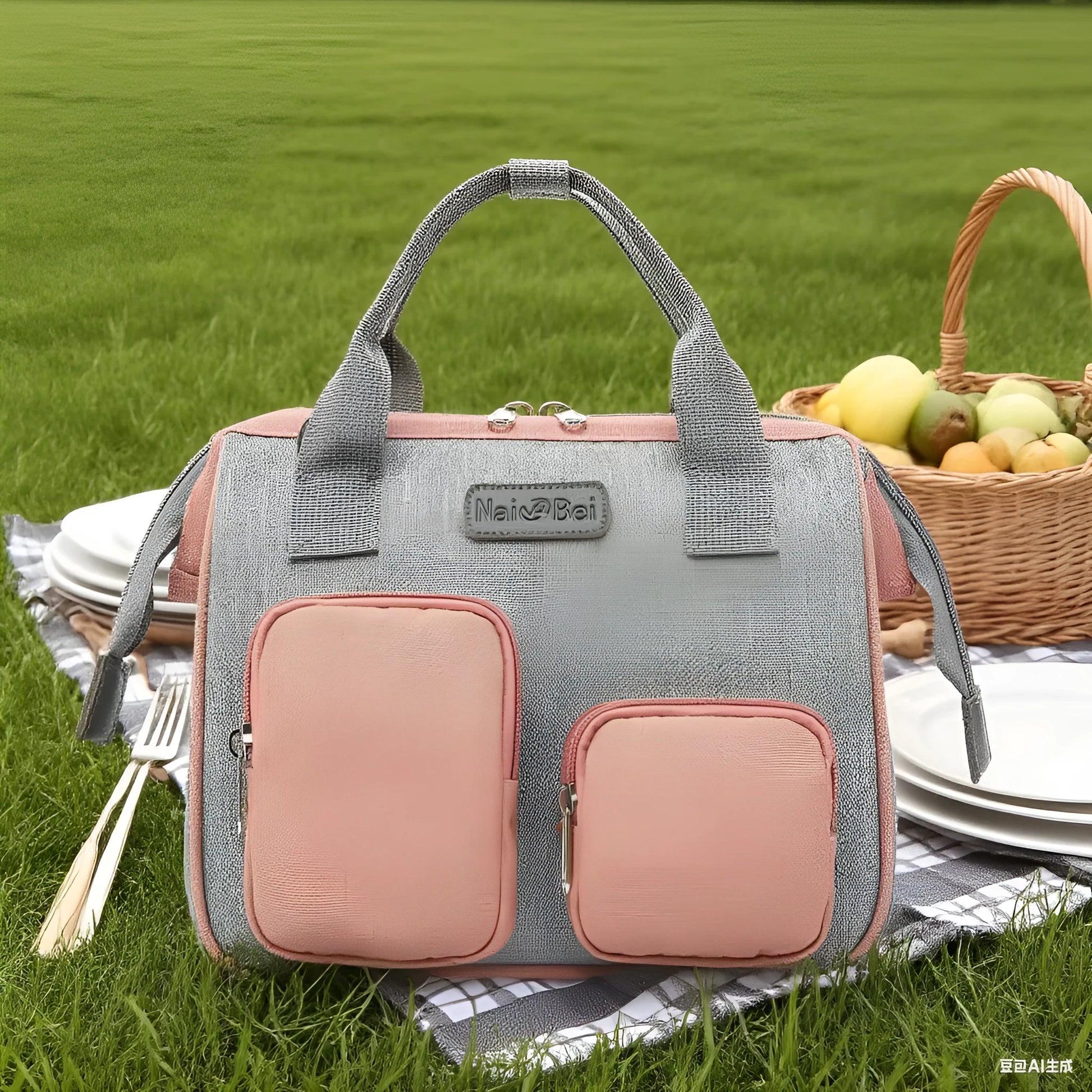 Waterproof Oxford cloth women's handbag with shoulder strap showing pink grey colour option