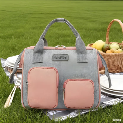 Waterproof Oxford cloth women's handbag with shoulder strap showing pink grey colour option