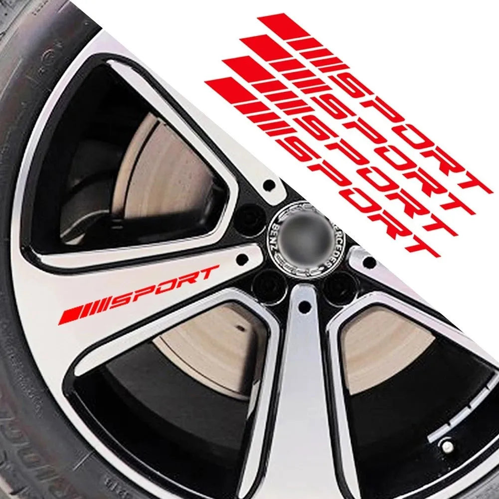 PET car rim stickers with hollow sports pattern in red, black, and white for alloy wheel decoration