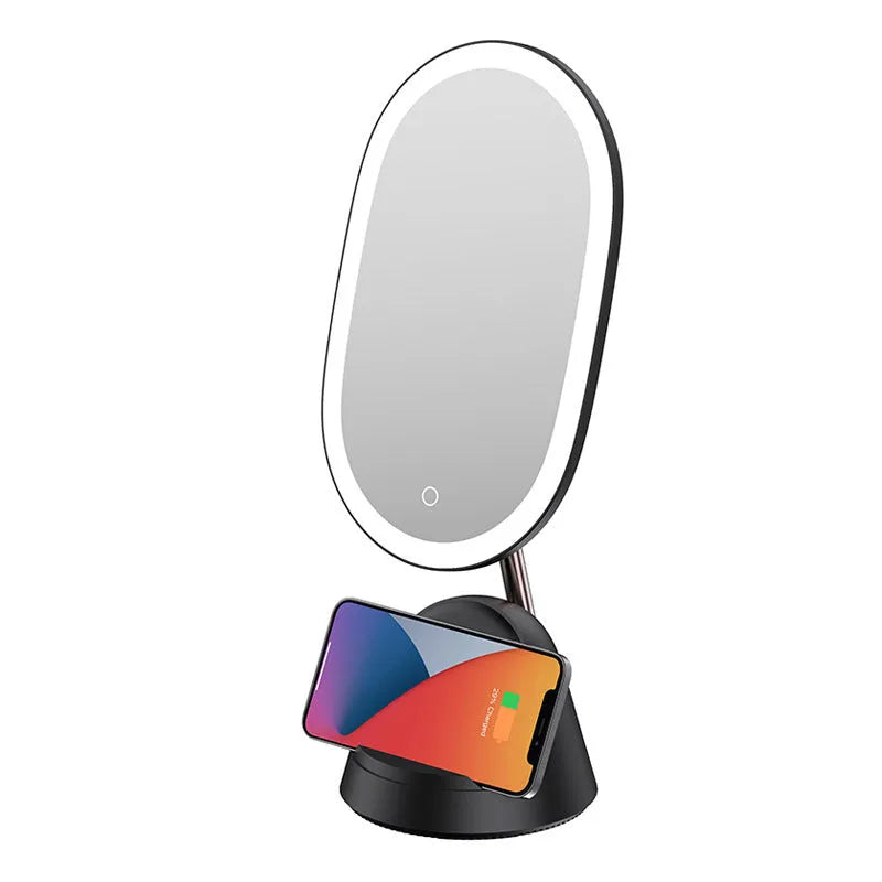 White adjustable LED desk lamp with integrated circular makeup mirror on a desk.
