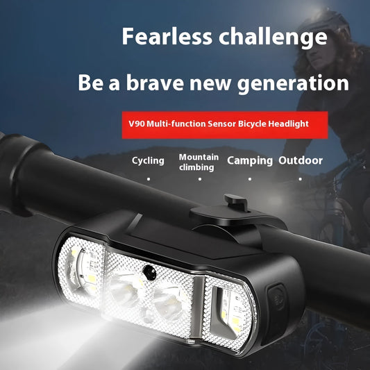 Black bicycle headlight with rechargeable battery showing 350 lumen XPG-LED lighting