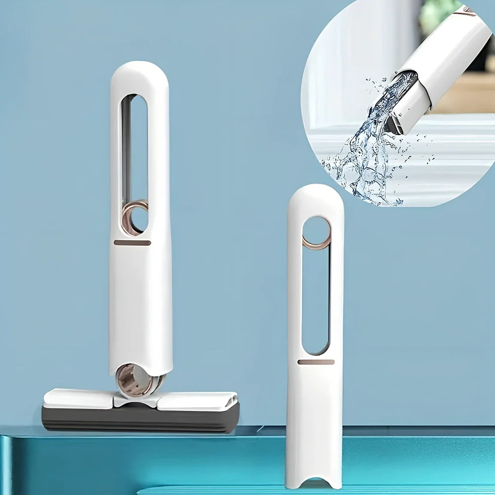 Portable self-squeeze mini mop showing 180-degree fold mechanism and compact design