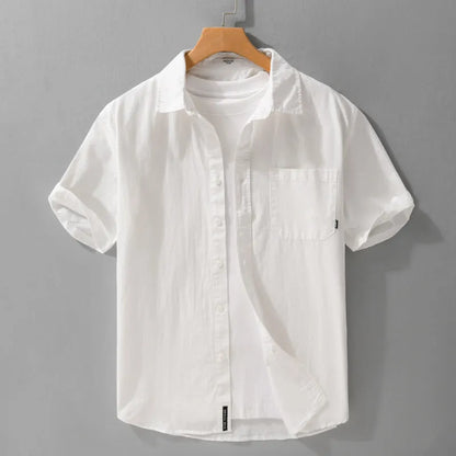 Men's loose fit pure cotton short sleeve shirt in cardigan style, shown in light blue.