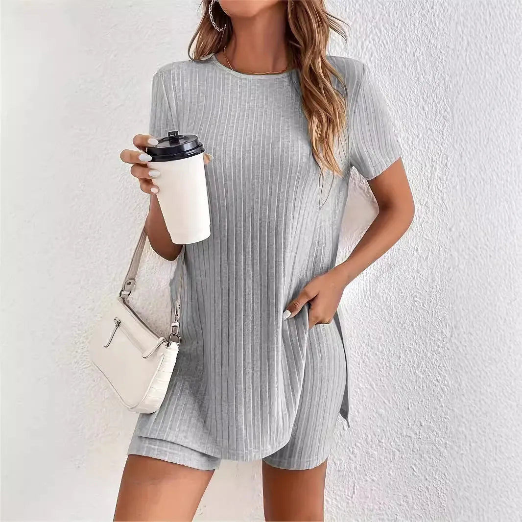 Women's cotton crew neck short sleeve shorts suit in black, grey or khaki with ribbed texture details