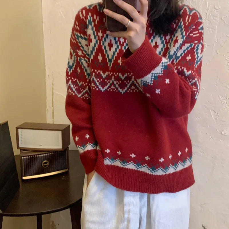 Striped long-sleeve pullover top in red or white, loose retro idle style, free size fit