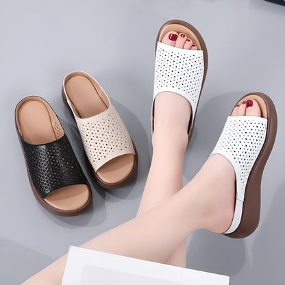Peep toe platform heel women's shoes with rocking bottom sole, PU upper, rubber sole, ethnic pattern.