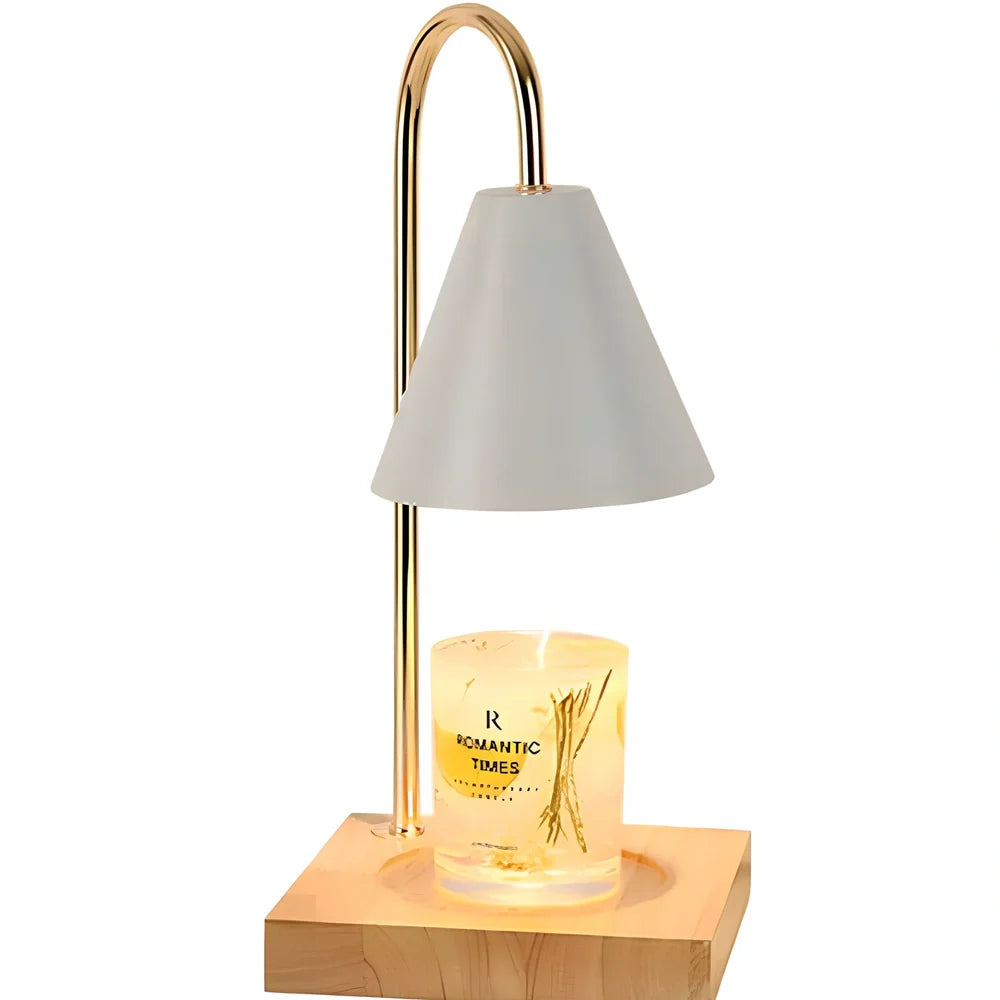 Log aromatherapy melting wax lamp measuring 37cm tall with natural wood base and white lampshade