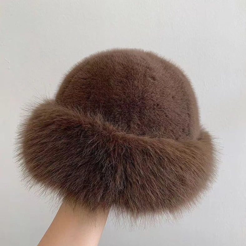 Plush Mongolian faux mink fur winter hat with dome top design in milky white colour