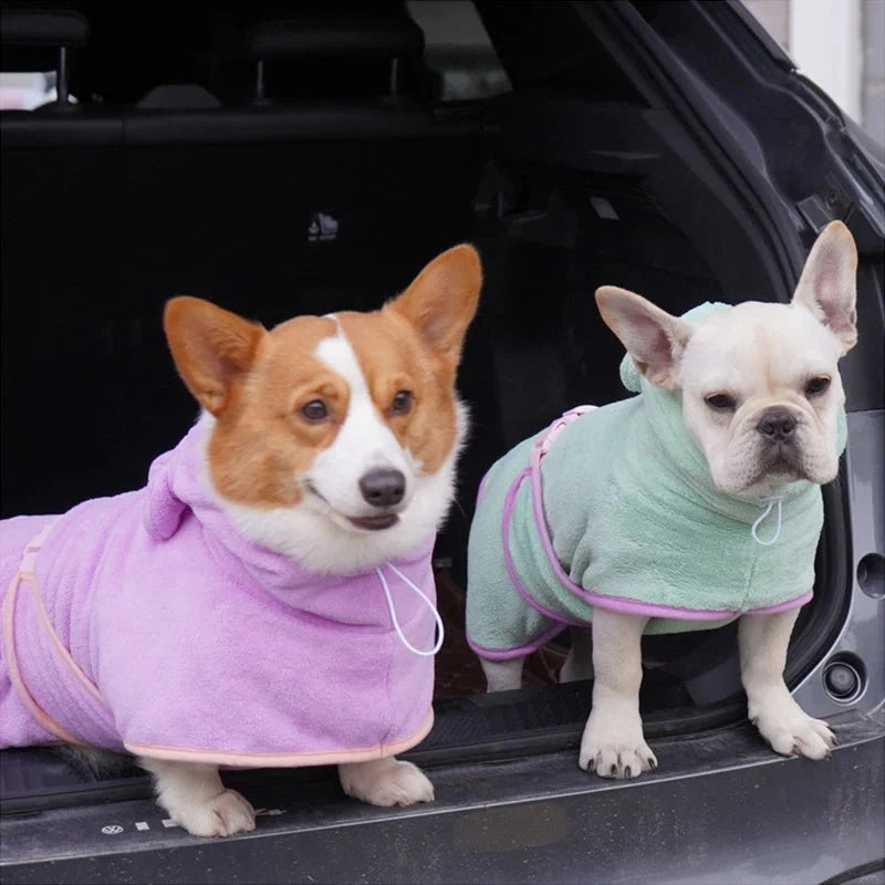 Adjustable quick-dry dog bathrobe in coral fleece, available in pink, violet, light green, and pumpkin style