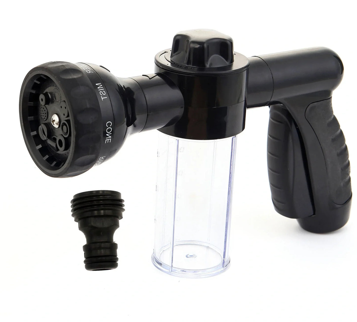 Green plastic household foam high pressure car wash water gun, 22x19x6cm size with adjustable nozzle for foam spraying