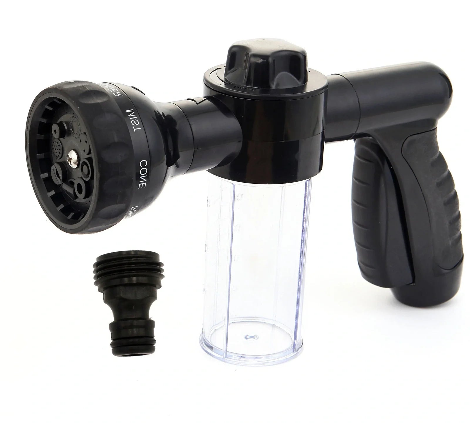 Green plastic household foam high pressure car wash water gun, 22x19x6cm size with adjustable nozzle for foam spraying