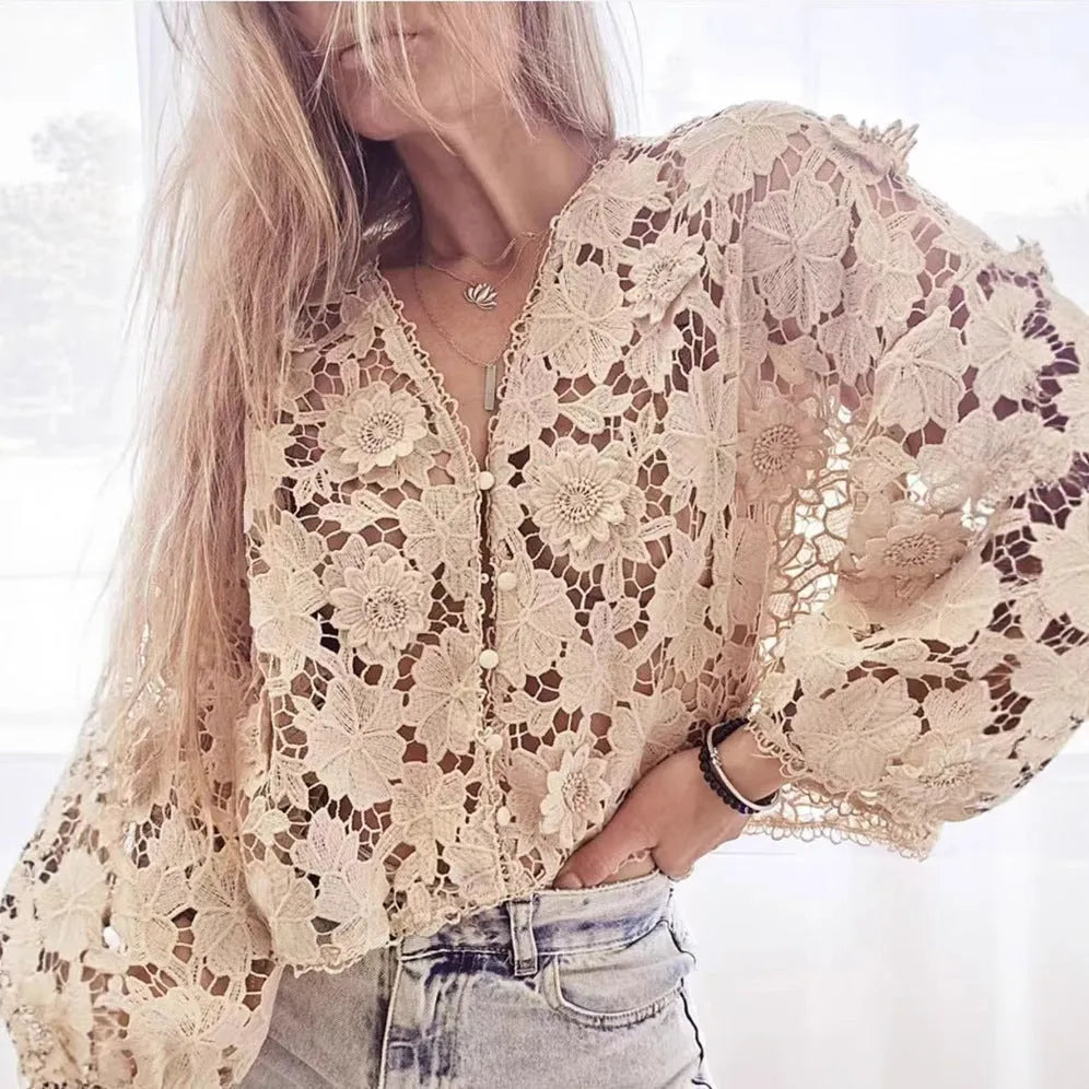 Polyester lace cardigan with three-dimensional floral decoration, V-neck, and long sleeves in loose street fashion fit