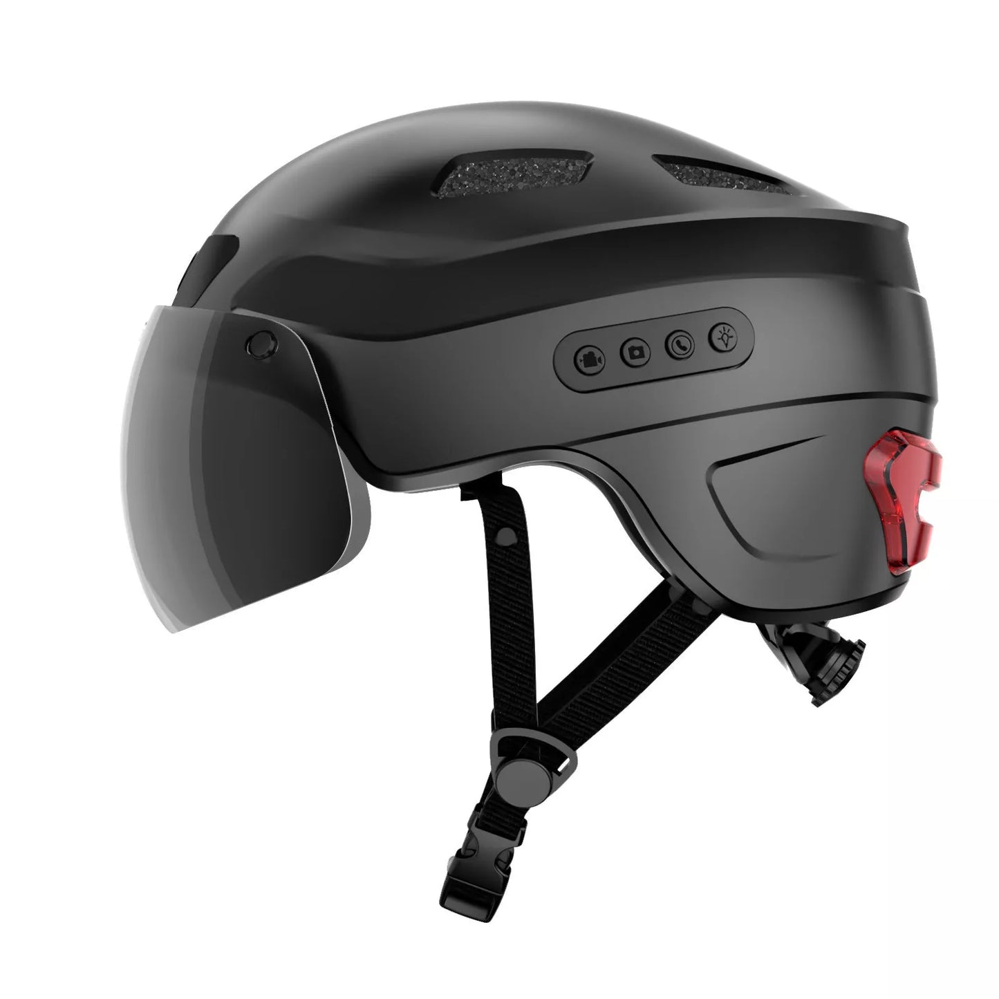 Black riding helmet with built-in camera and Bluetooth turn signal