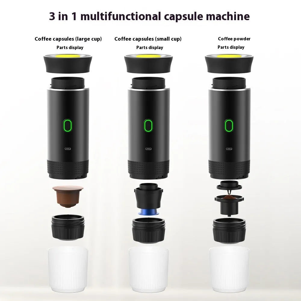 Portable 3-in-1 espresso machine in black showing ground coffee and capsule compartments with USB cable