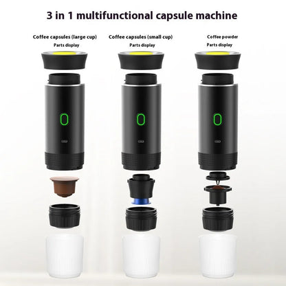 Portable 3-in-1 espresso machine in black showing ground coffee and capsule compartments with USB cable