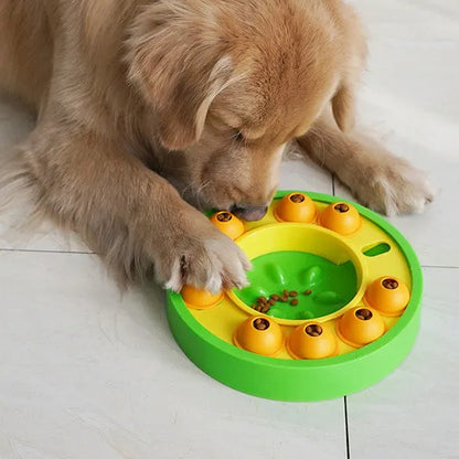 Green and blue interactive dog puzzle toy slow feeder bowl with food turntable top