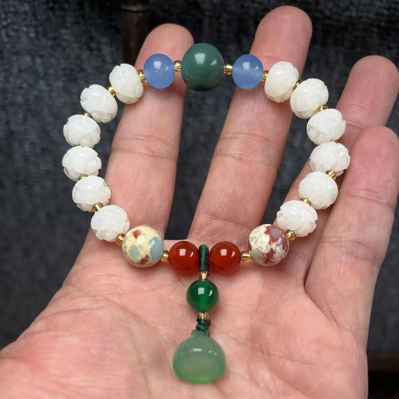 White Bodhi root bracelet with carved pumpkin lotus beads including Apple Orchard and Duobao styles