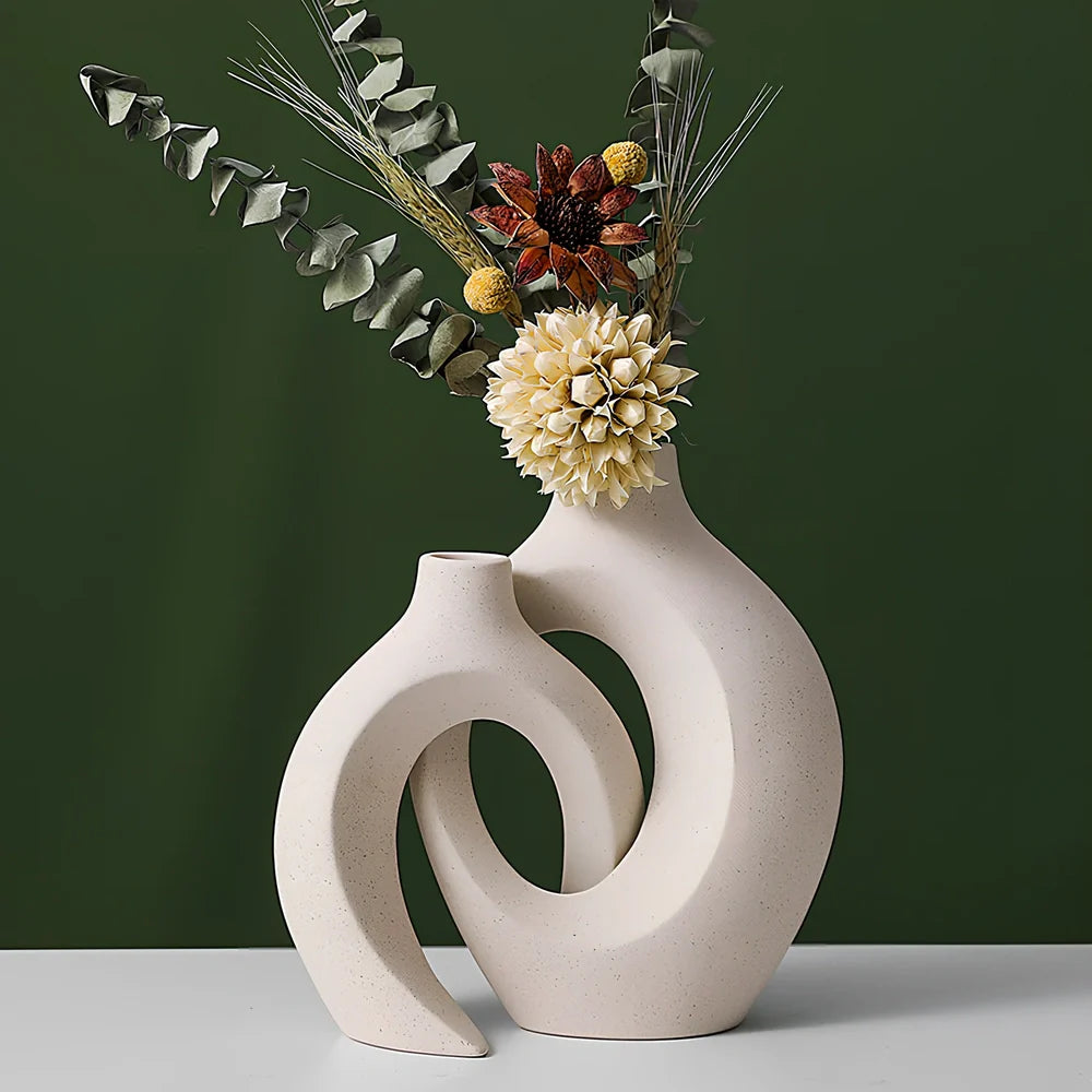 European ceramic vase set with two matching pieces and glazed surface finish