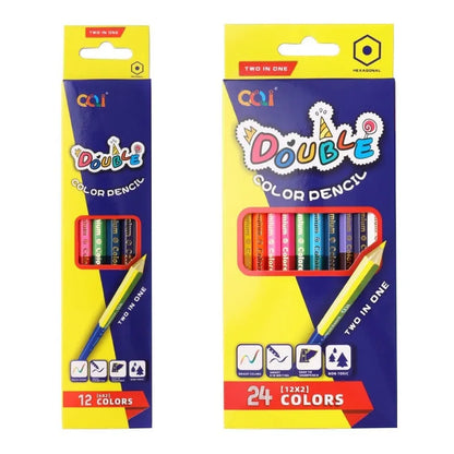Colour pencil set with double-headed brush design showing wooden pencils in 12 or 24 colour options