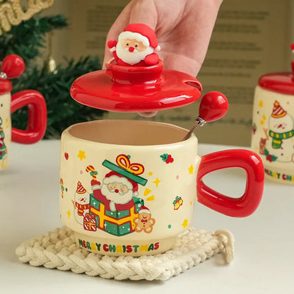 Christmas ceramic cup with lid, 8cm height, 9cm caliber, 301-400ml, round single-layer cartoon festive design