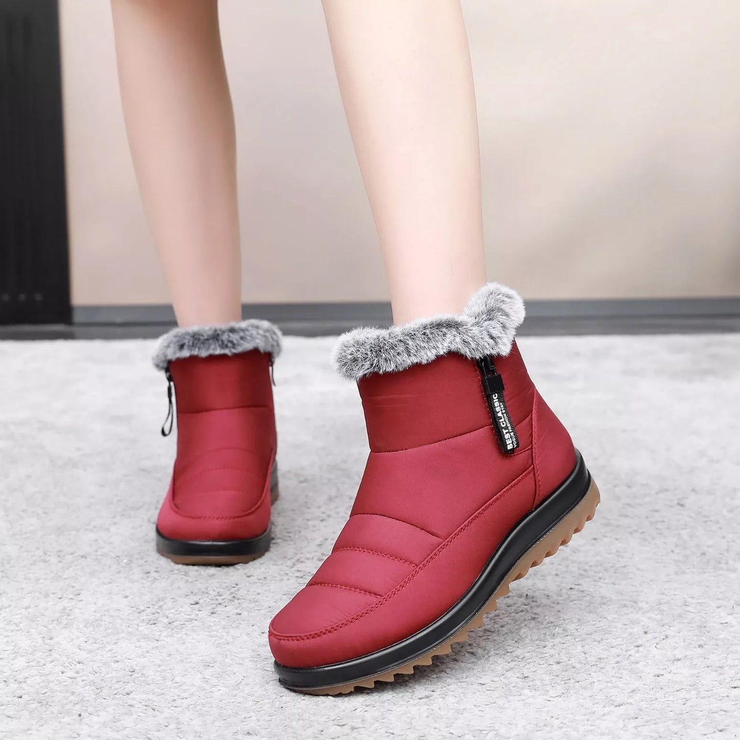 Women's winter snow boots with side zipper and fleece lining in black, dark brown, and red