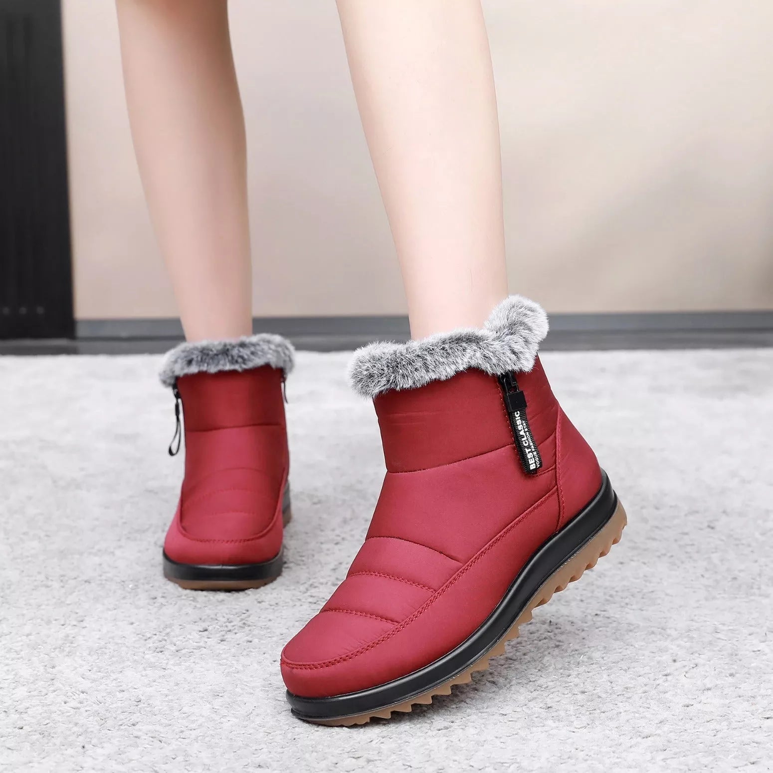 Women's winter snow boots with side zipper and fleece lining in black, dark brown, and red