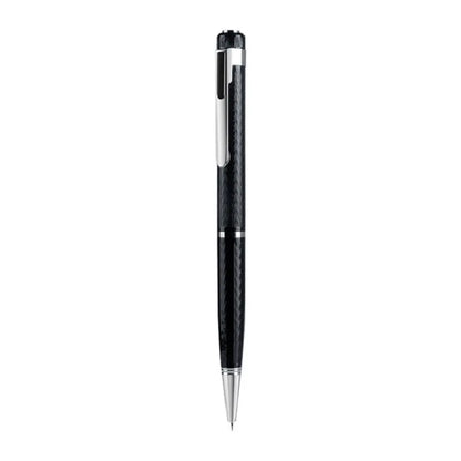 Black pen shaped digital voice recorder with zinc alloy body shown next to included USB cable.
