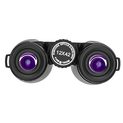 Black roof prism binoculars with 12x42 specifications showing eyepieces and objective lenses