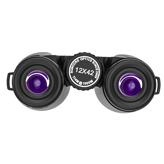 Black roof prism binoculars with 12x42 specifications showing eyepieces and objective lenses