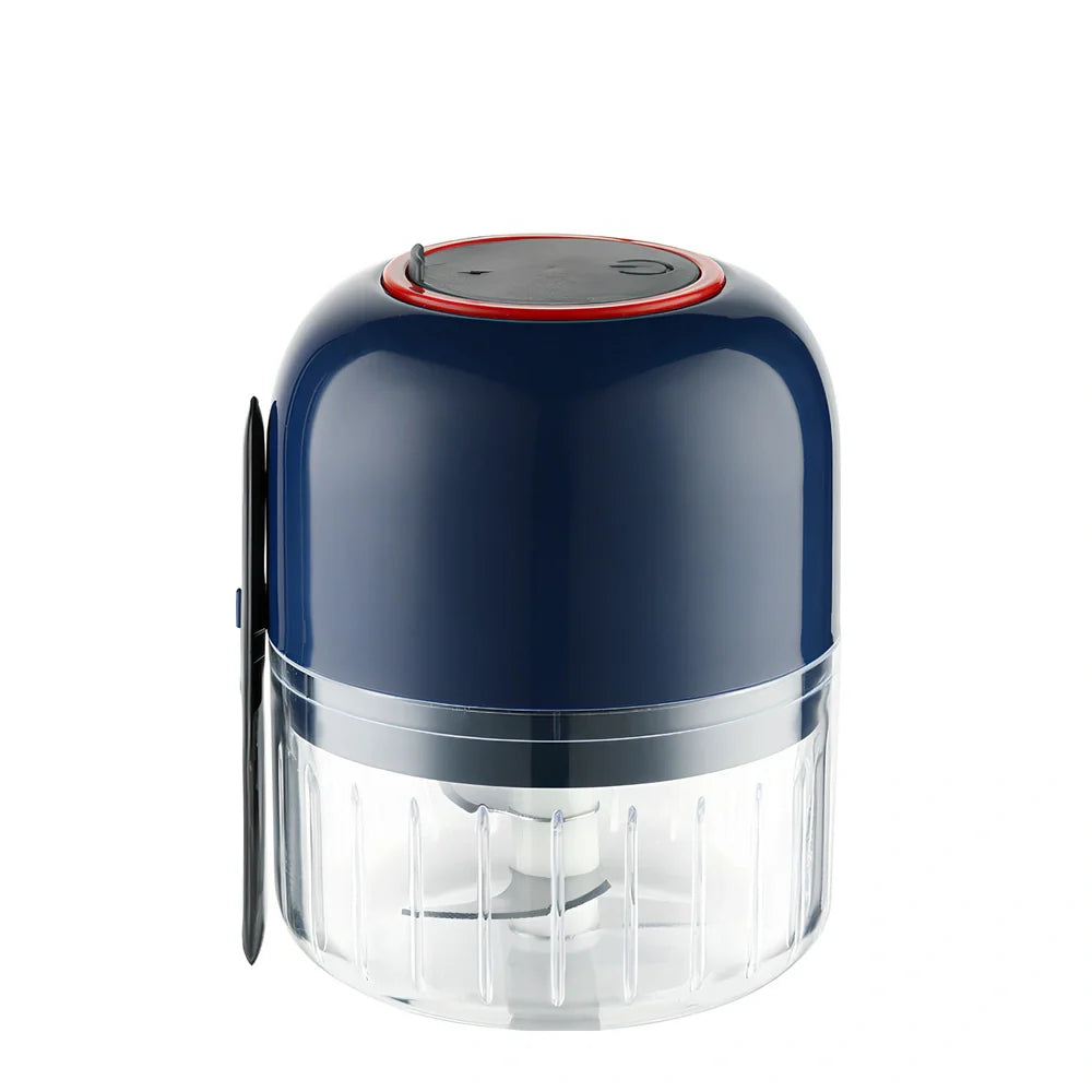Blue electric garlic masher with USB charging cable, showing 11.5cm height