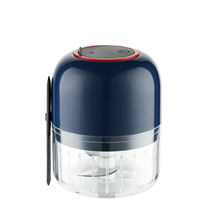Blue electric garlic masher with USB charging cable, showing 11.5cm height