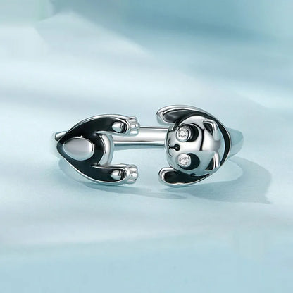 Adjustable panda open ring bracelet in sterling silver with white gold plating, showing animal modelling details and open design