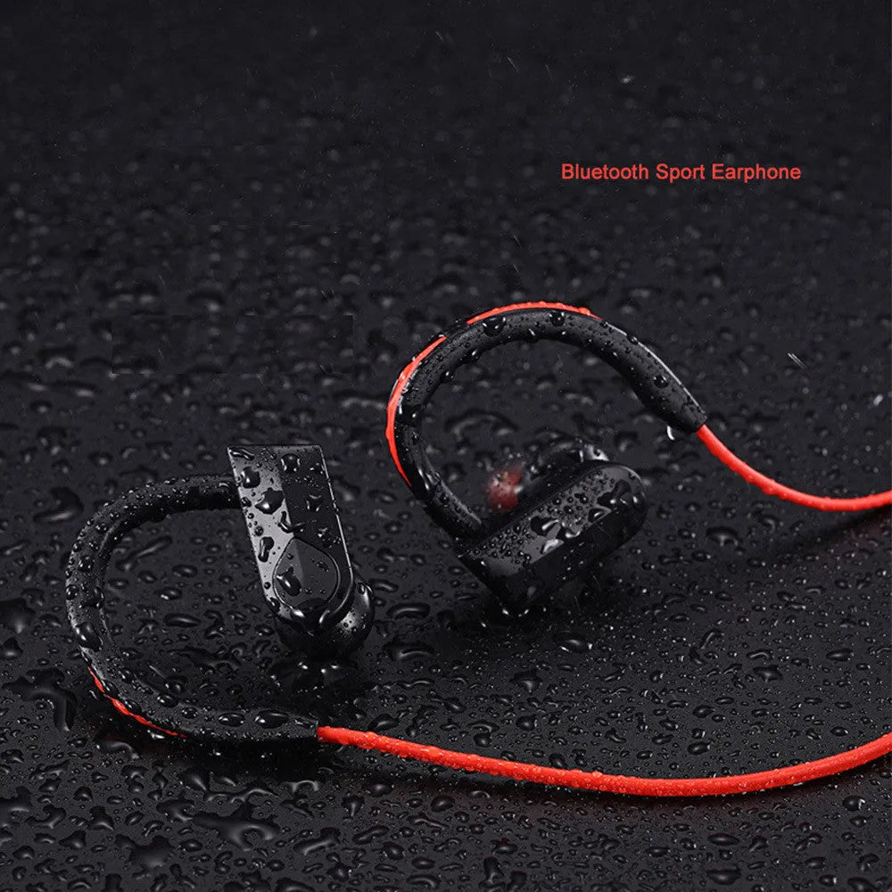 Wireless neckband Bluetooth earphones in black, blue, or red colour with USB charging cable.