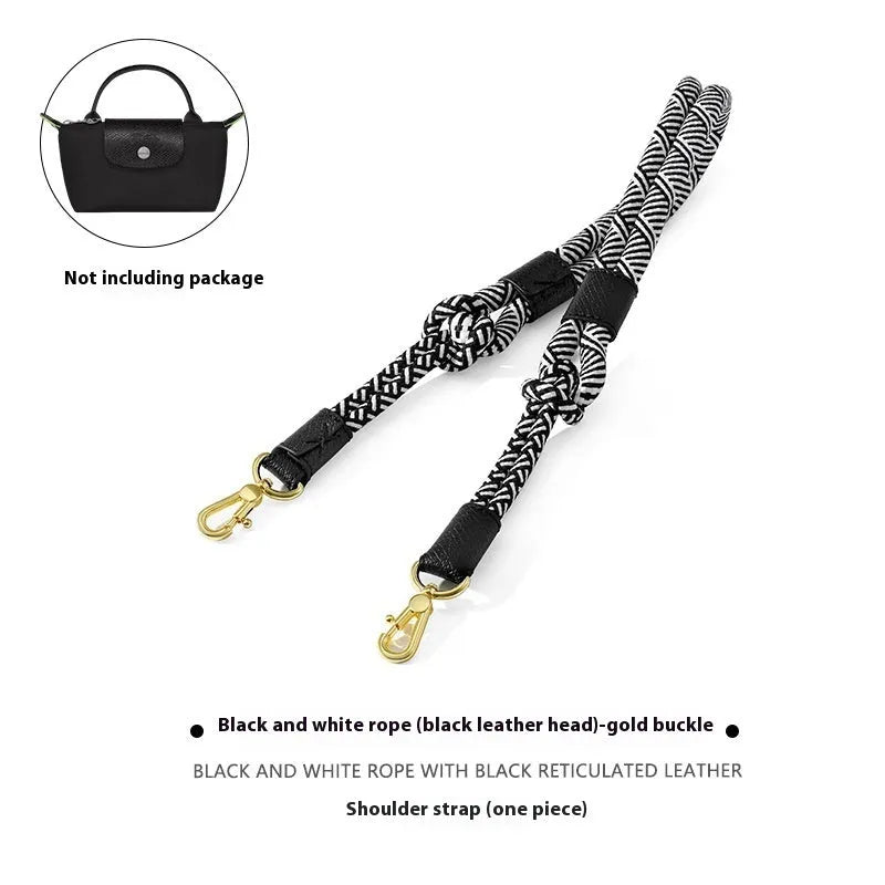 Braided rope shoulder strap with alloy hardware in silver or gold finish options