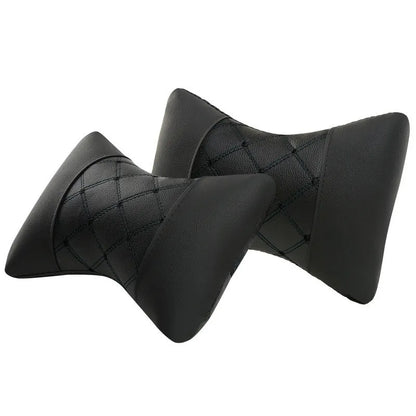 Leather quilted car headrest in black with blue lines, showing diamond check pattern and cervical neck support design.