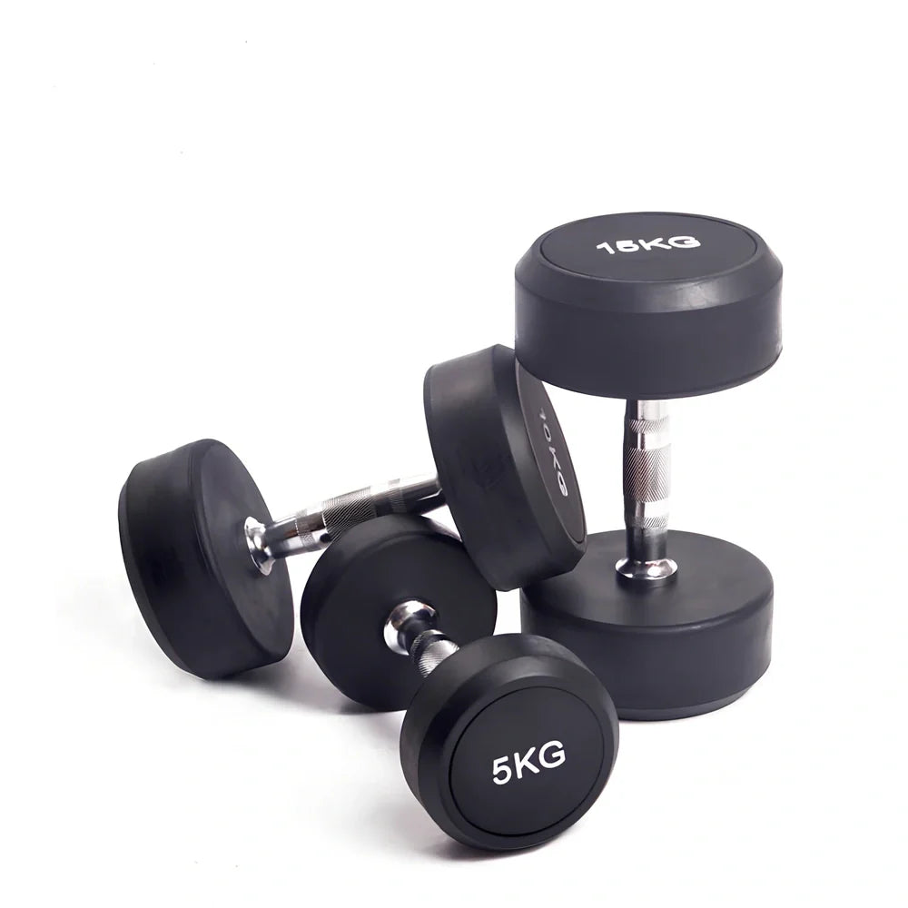 Black cast iron rubberized round head fitness dumbbell with textured grip, showing 10cm diameter measurement