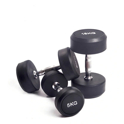 Black cast iron rubberized round head fitness dumbbell with textured grip, showing 10cm diameter measurement