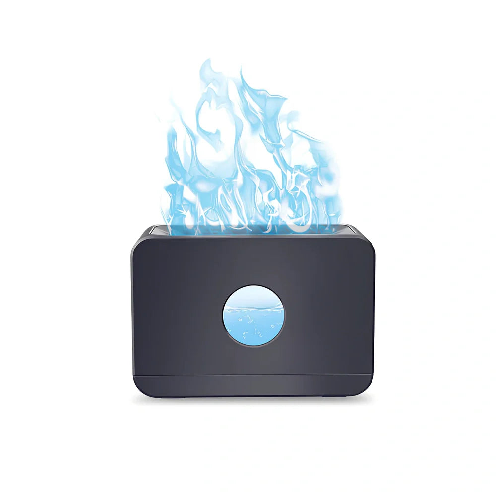 Square two-colour flame aromatherapy humidifier showing mist output and LED lighting effects